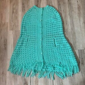 Vintage 1970s Mint Green Handcrafted Crochet Cardigan Fringe Large Womens